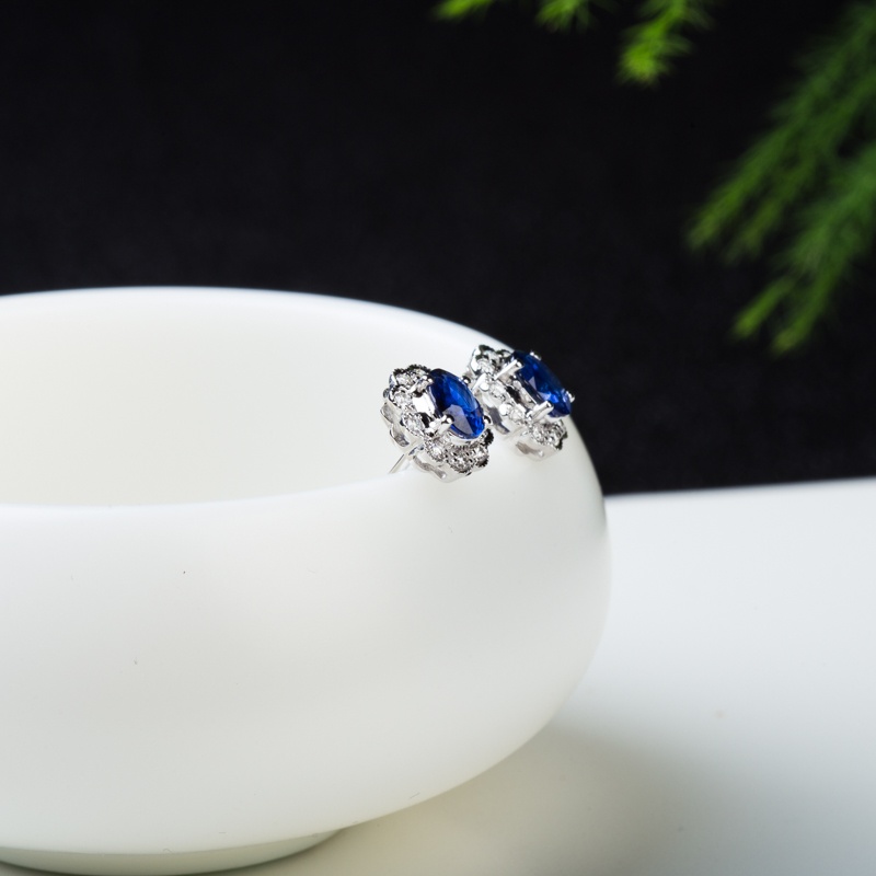 天然斯里兰卡蓝宝石太阳花耳钉-红掌柜