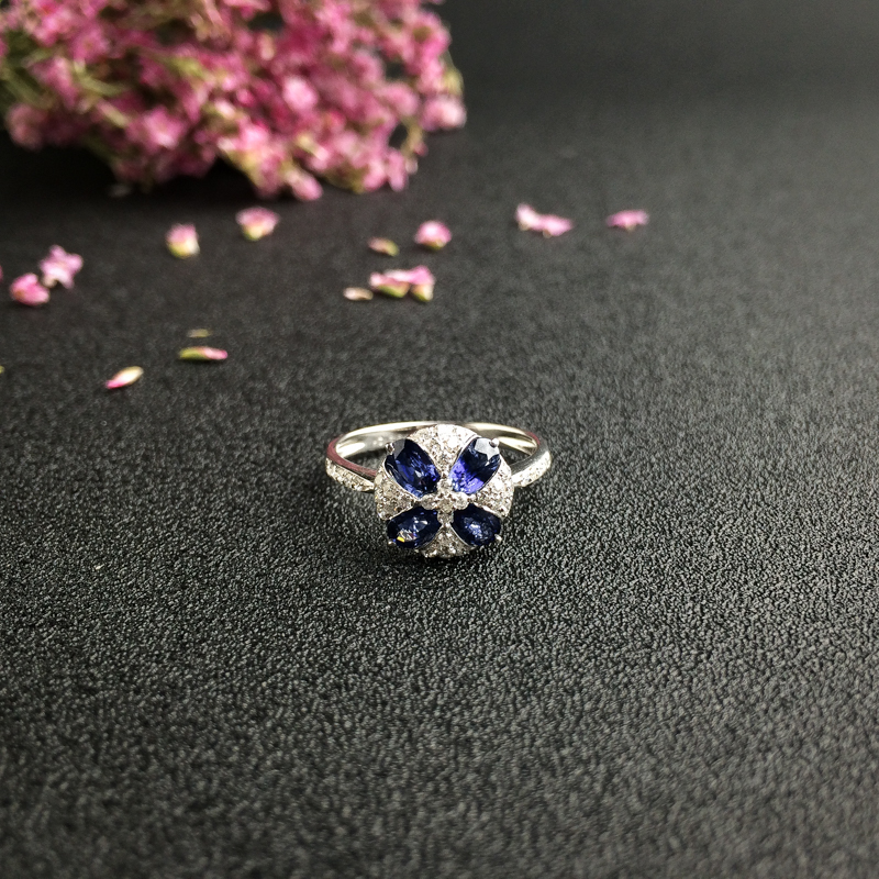 斯里兰卡天然18K金镶钻蓝宝石戒指 - 红掌柜