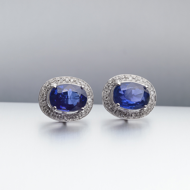 18K金镶钻斯里兰卡天然蓝宝石耳钉-红掌柜