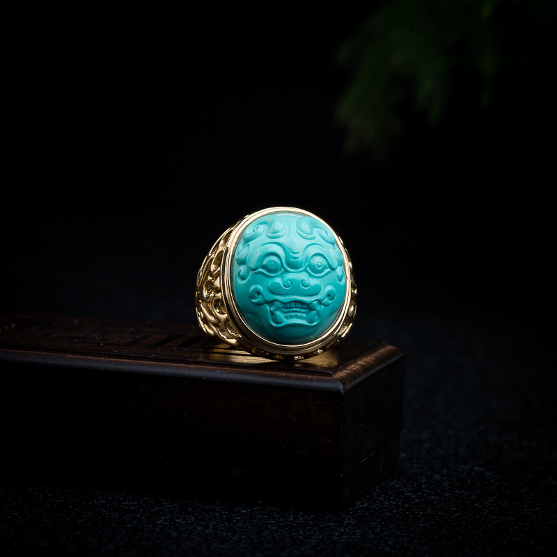 18k高瓷蓝绿绿松石瑞兽戒指-红掌柜