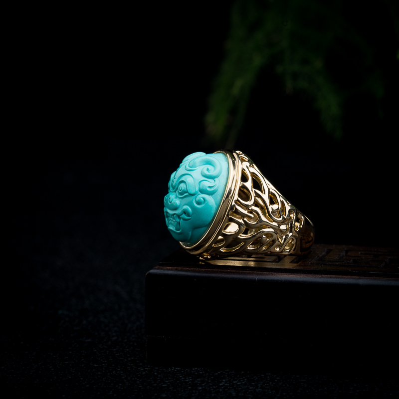 蓝绿绿松石瑞兽戒指-红掌柜