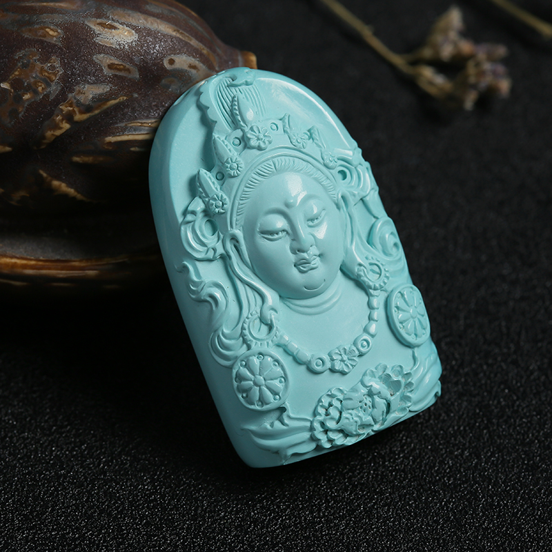 高瓷高蓝绿松石菩萨吊坠 - 红掌柜珠宝