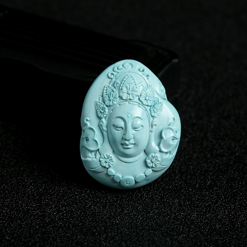 湖北天然高瓷高蓝绿松绿度母吊坠 - 红掌柜