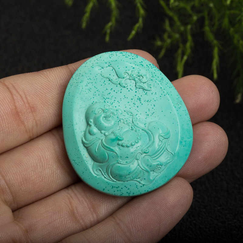 湖北高瓷蓝绿绿松石弥勒佛吊坠-红掌柜