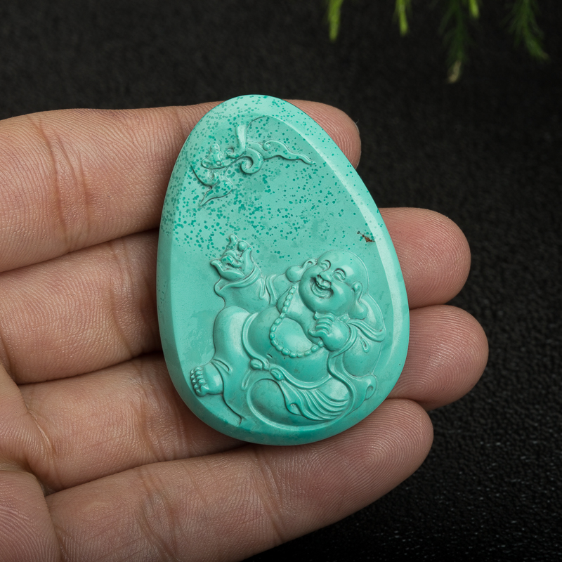 湖北高瓷蓝绿绿松石弥勒佛吊坠-红掌柜