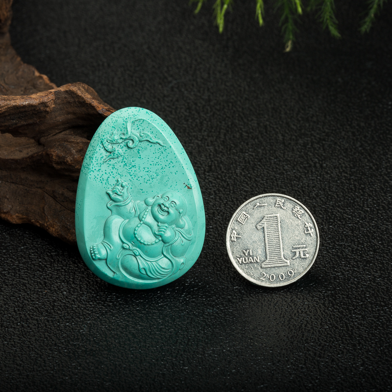 天然湖北高瓷蓝绿绿松石弥勒佛吊坠-红掌柜