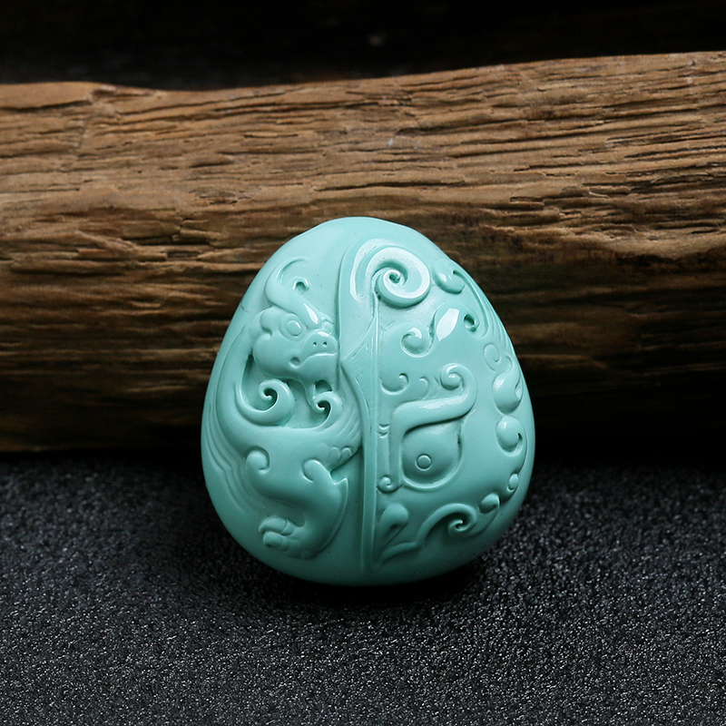 湖北天然高瓷高蓝绿松仿古龙吊坠-红掌柜