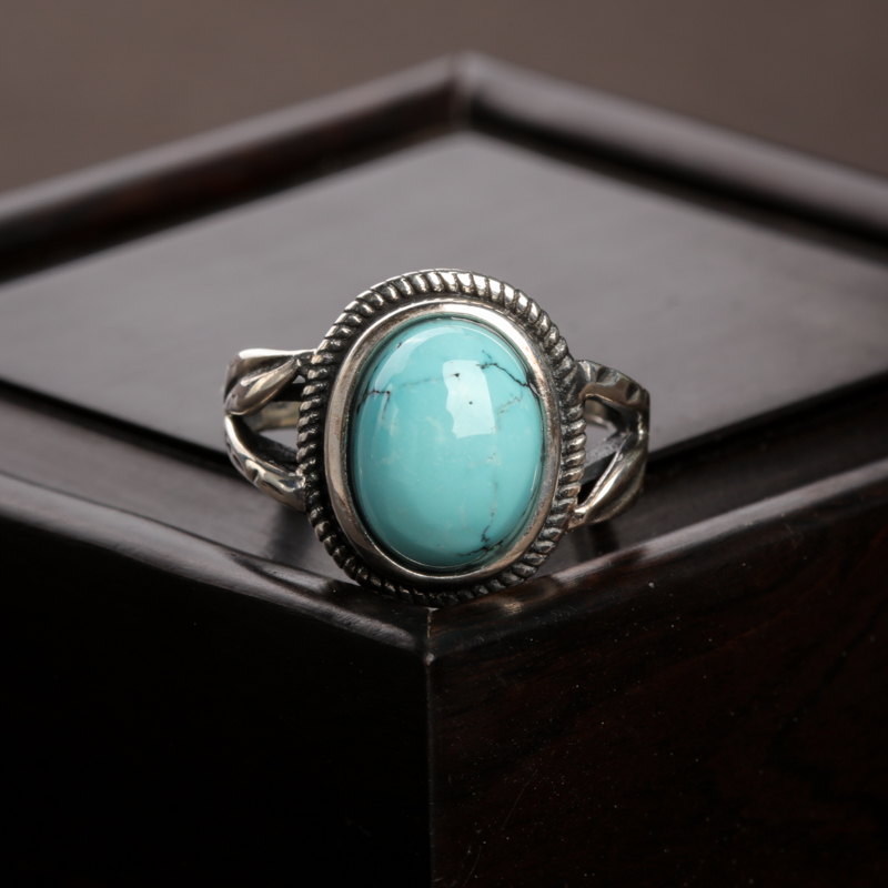 银镶中高瓷铁线蓝绿松石戒指-红掌柜