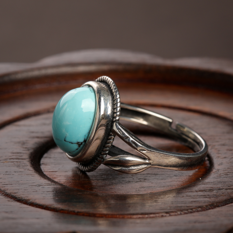 湖北银镶中高瓷铁线蓝绿松石戒指-红掌柜