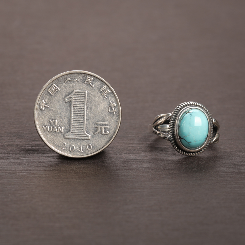 湖北天然银镶中高瓷铁线蓝绿松石戒指-红掌柜