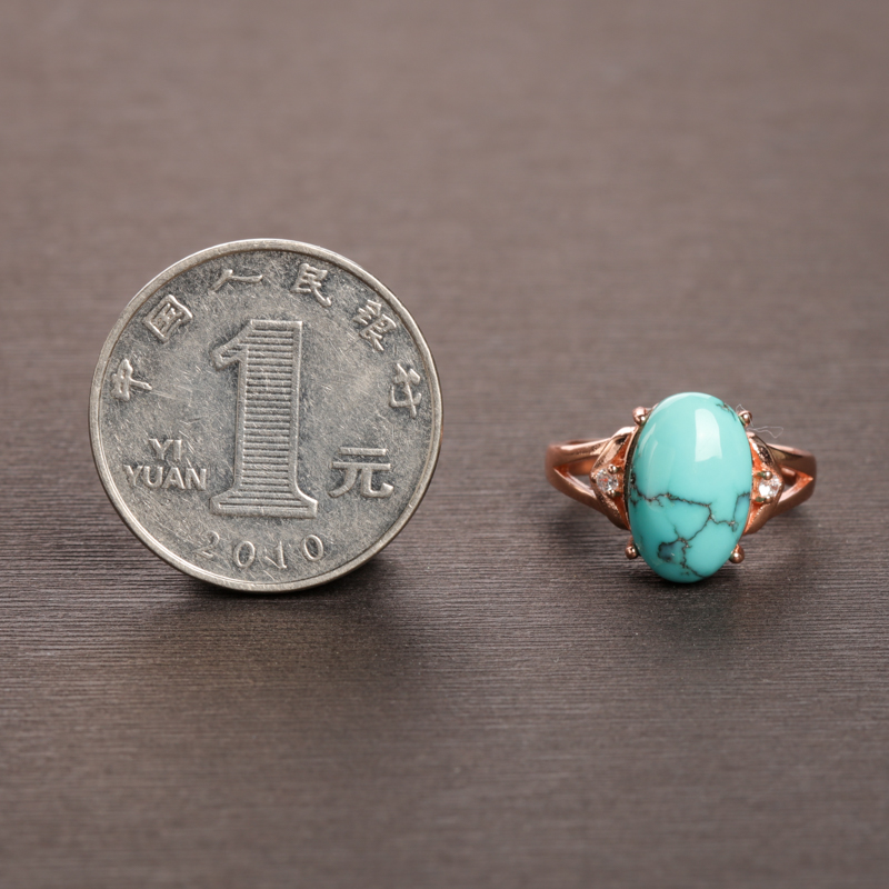 湖北天然银镶高瓷铁线蓝绿松石戒指-红掌柜