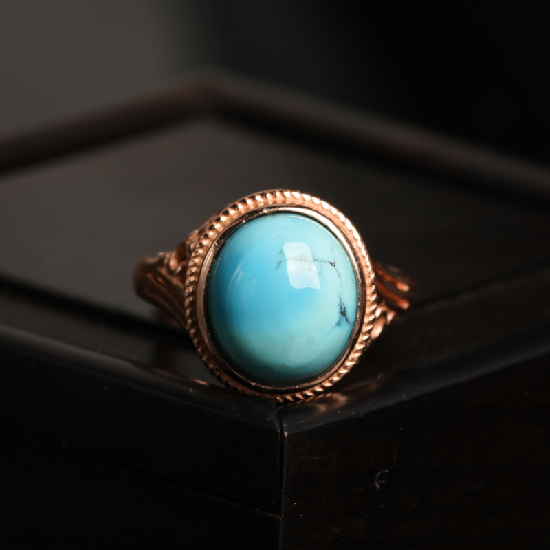 银镶高瓷铁线蓝绿松石戒指-红掌柜
