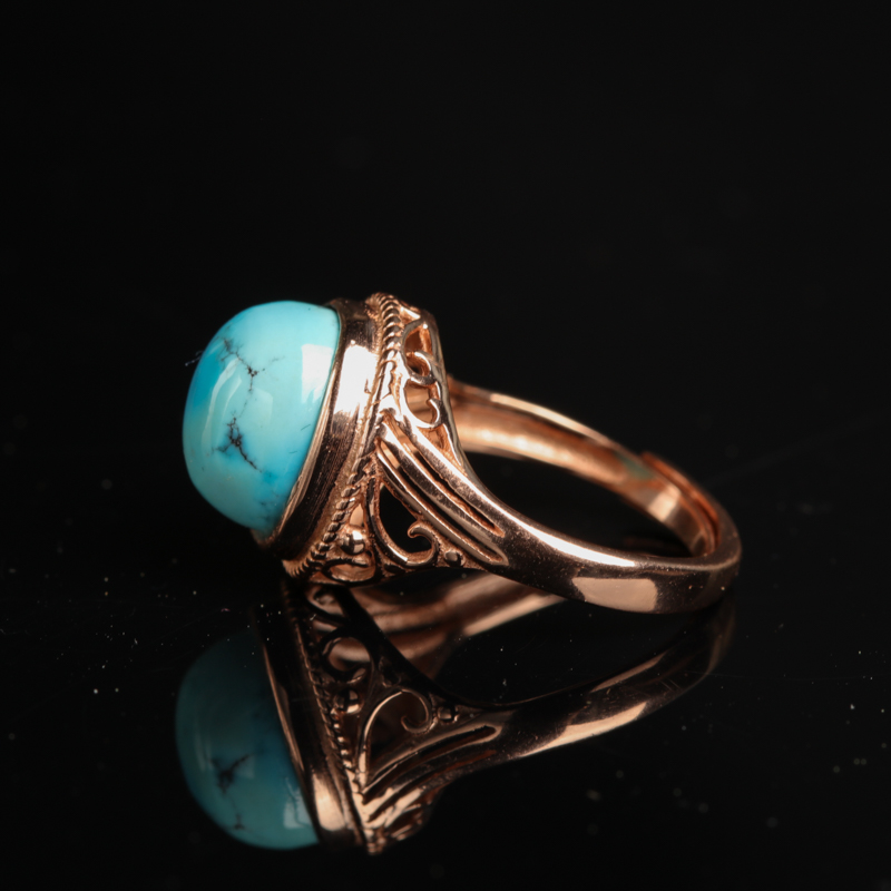 天然银镶高瓷铁线蓝绿松石戒指-红掌柜
