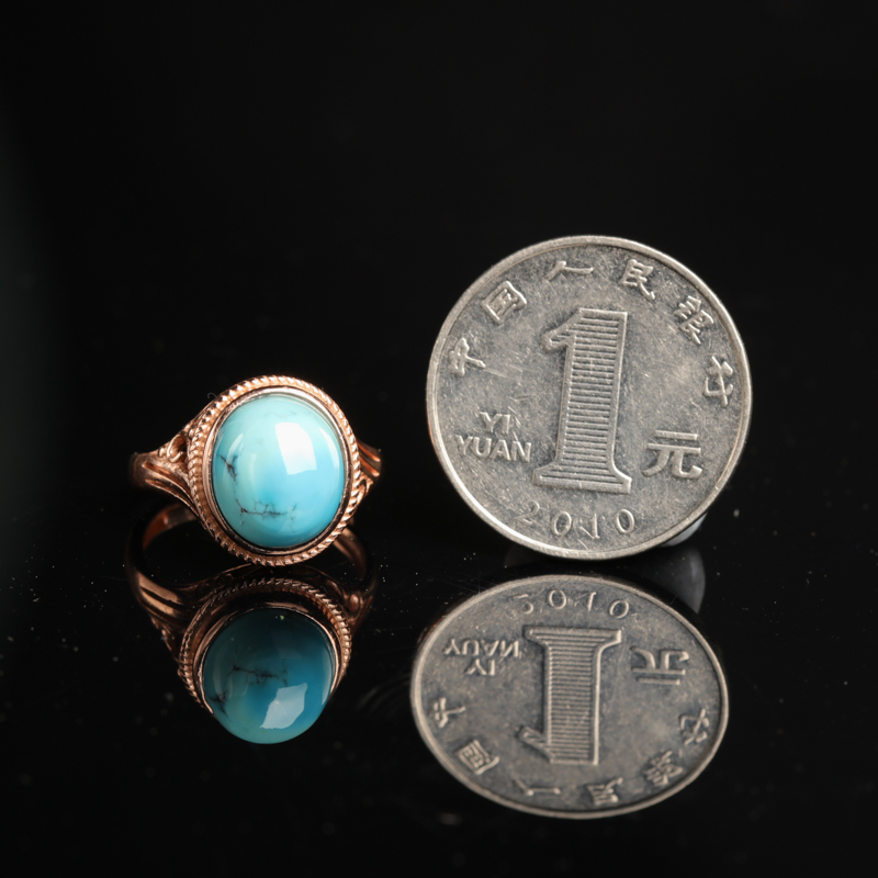 湖北天然银镶高瓷铁线蓝绿松石戒指-红掌柜