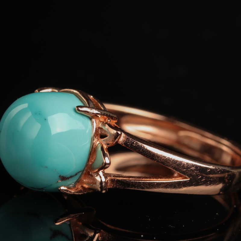 天然银镶中高瓷铁线蓝绿松石戒指-红掌柜