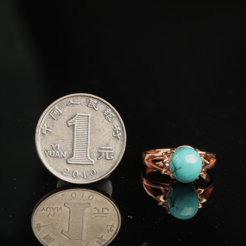 湖北天然银镶中高瓷铁线蓝绿松石戒指-红掌柜