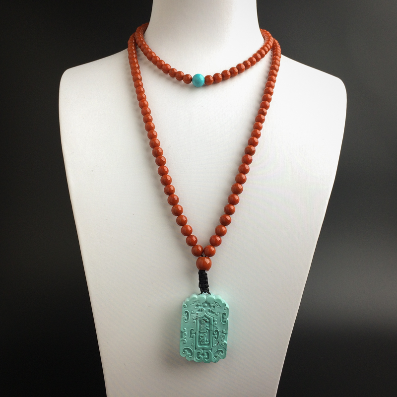 湖北天然绿松石斋戒牌项链 - 红掌柜