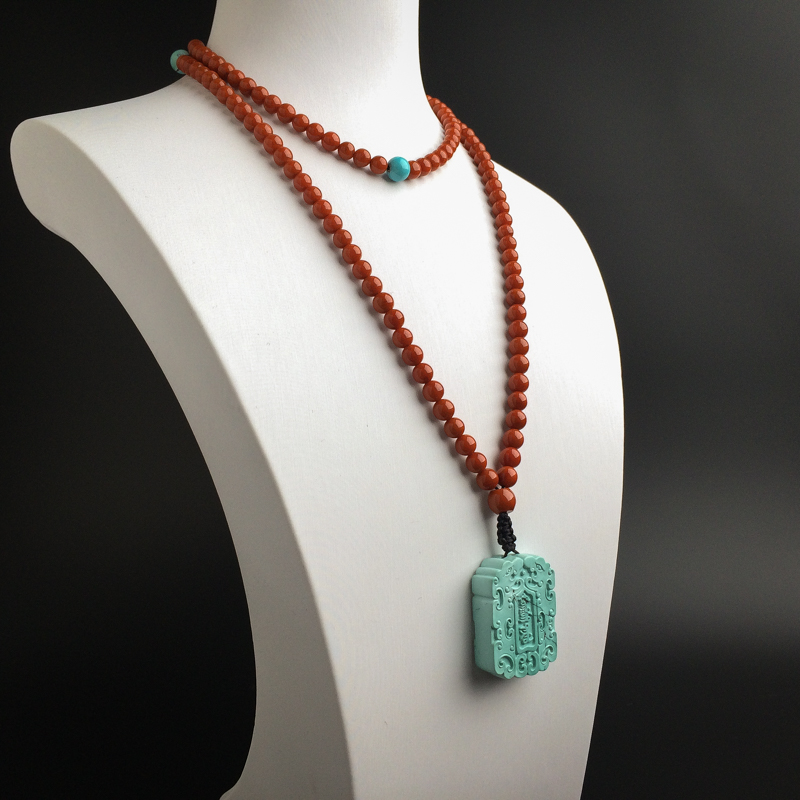 天然绿松石斋戒牌项链 - 红掌柜