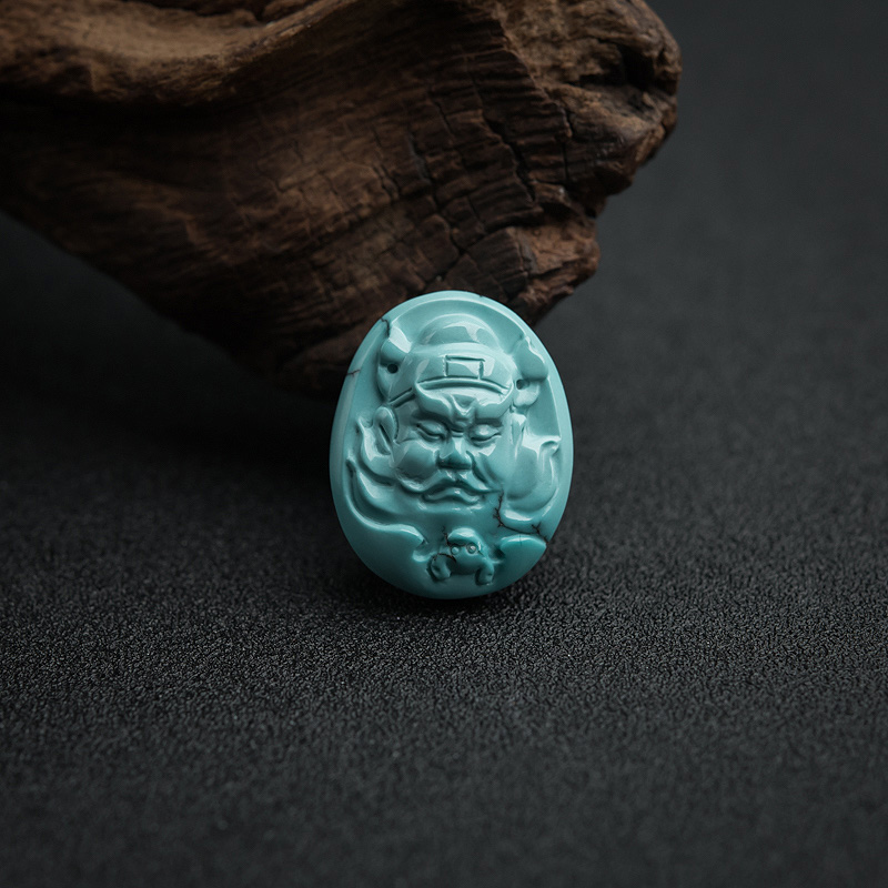 天然中高瓷铁线蓝绿松石钟馗吊坠-红掌柜