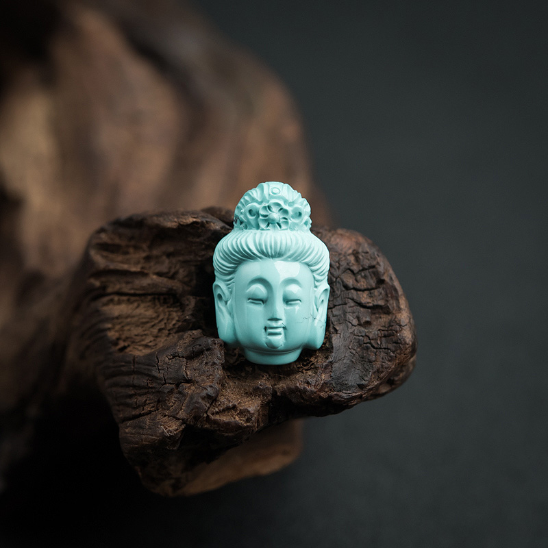 天然高瓷铁线蓝绿松石观音头像戒面-红掌柜