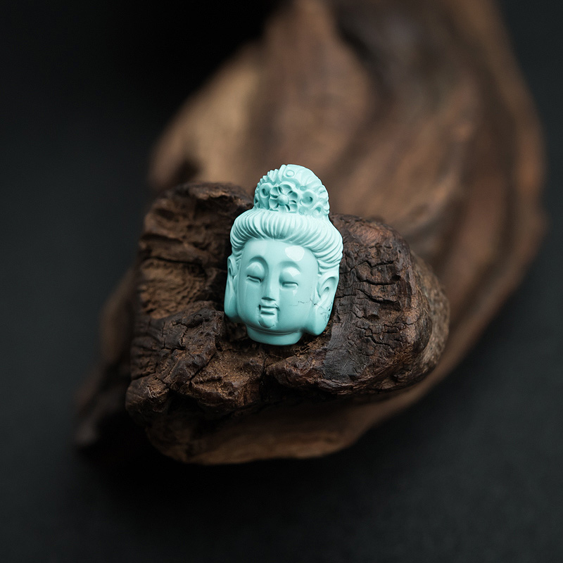 铁线蓝绿松石观音头像戒面-红掌柜