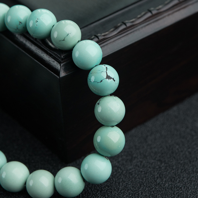 天然中高瓷铁线蓝绿绿松石手串-红掌柜