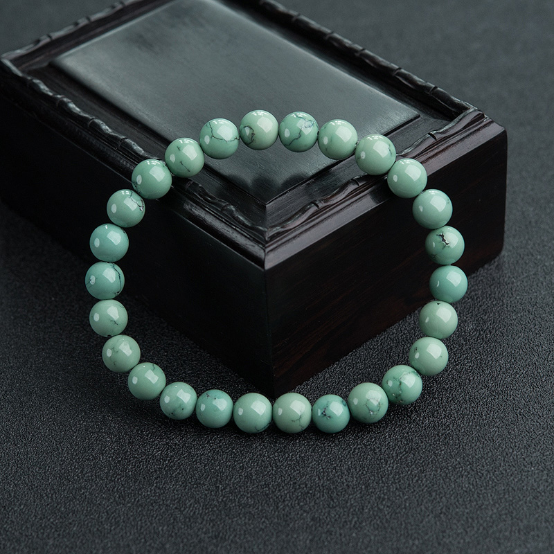 天然高瓷铁线蓝绿绿松石单圈手串-红掌柜