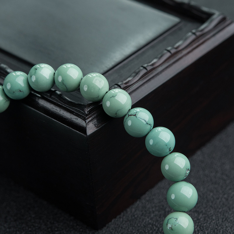 天然高瓷铁线蓝绿绿松石手串-红掌柜