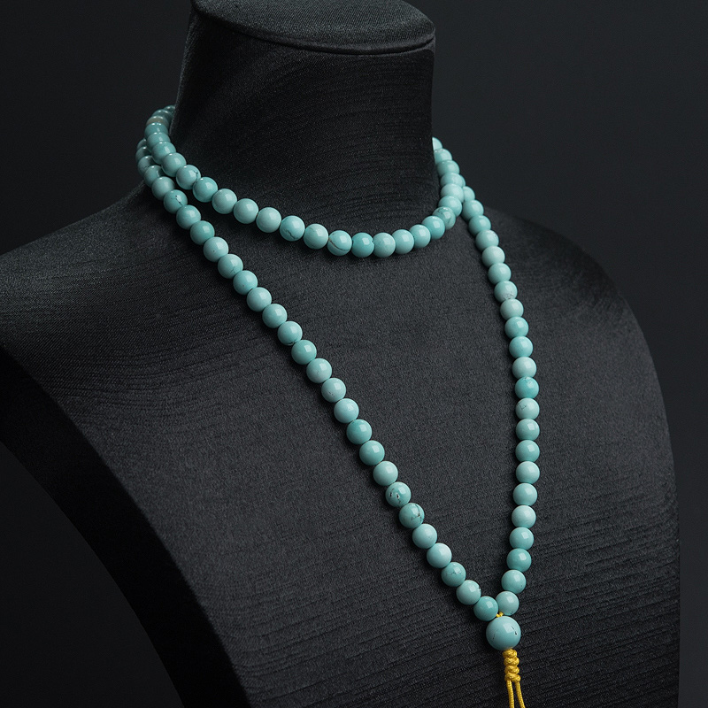 天然高瓷铁线蓝绿松石佛珠-红掌柜