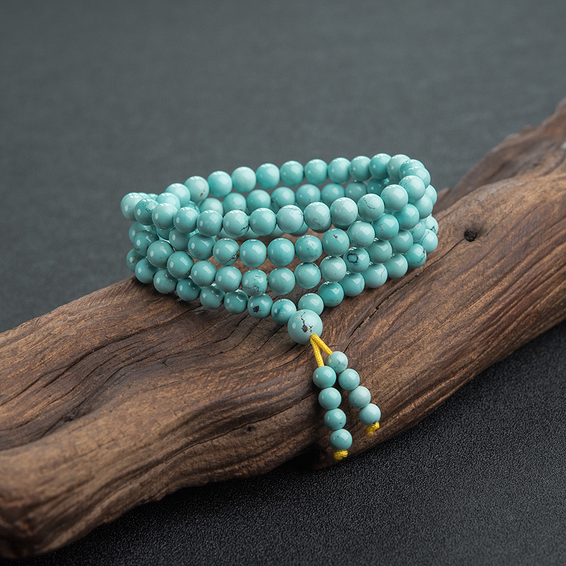 天然高瓷铁线蓝绿松石佛珠-红掌柜