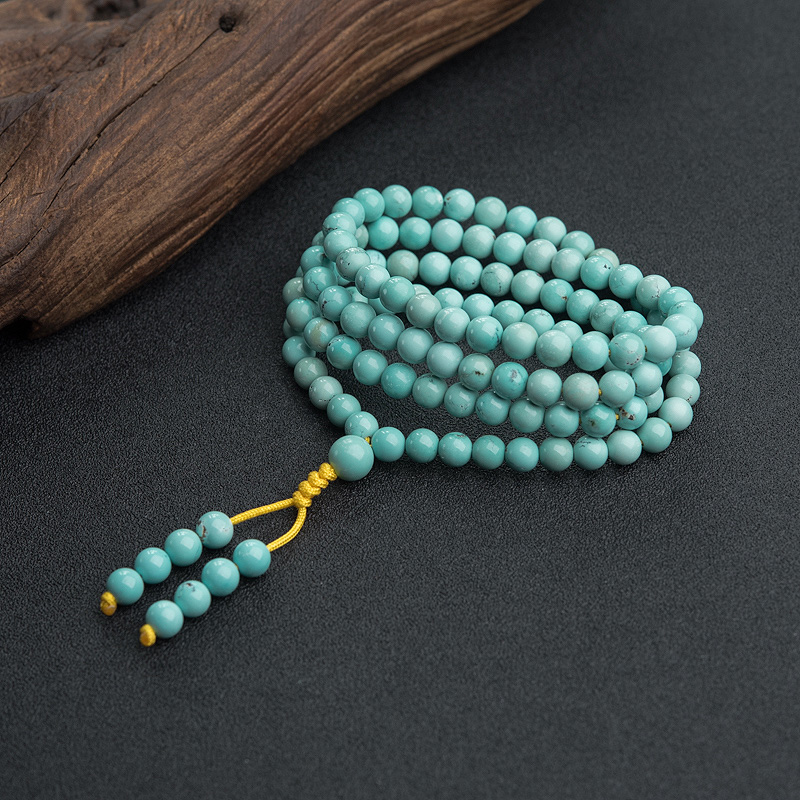 天然中高瓷铁线蓝绿绿松石佛珠-红掌柜