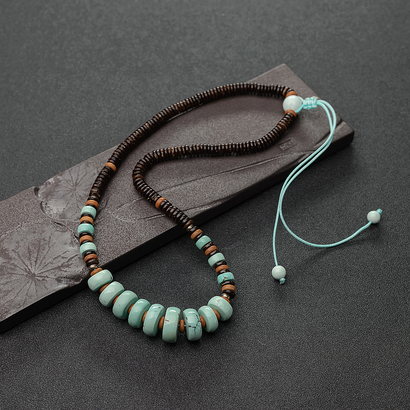 高瓷铁线浅蓝绿松石车轮珠锁骨链-红掌柜