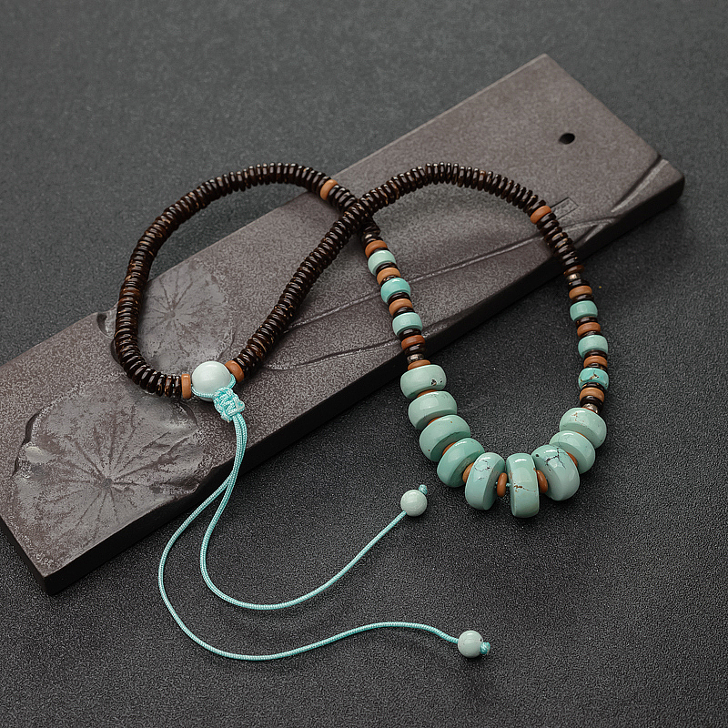 高瓷绿松石车轮珠锁骨链-红掌柜