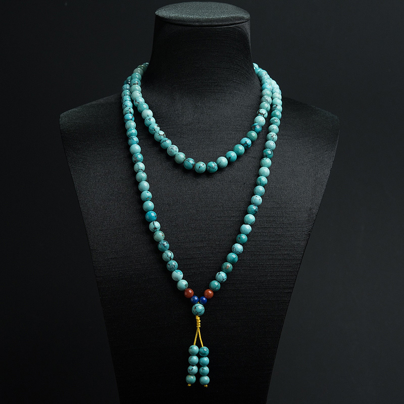 天然高瓷铁线蓝绿绿松石108佛珠-红掌柜