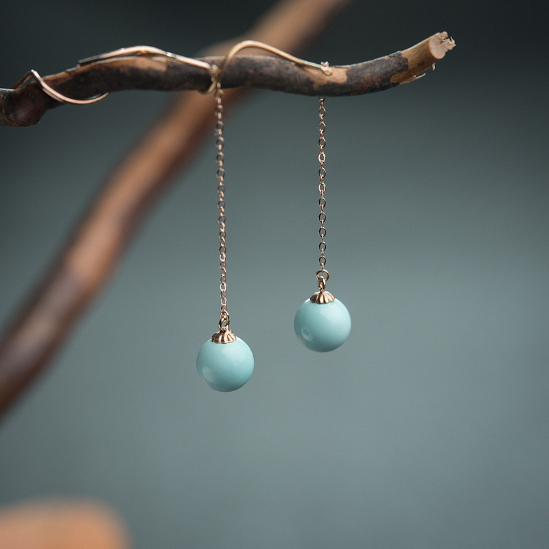 18K金镶中高瓷铁线蓝绿绿松石耳坠-红掌柜