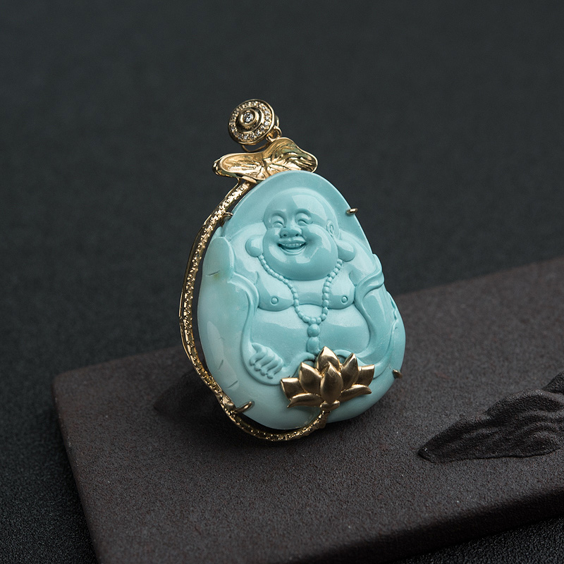金镶钻中高瓷浅蓝绿松石佛吊坠-红掌柜