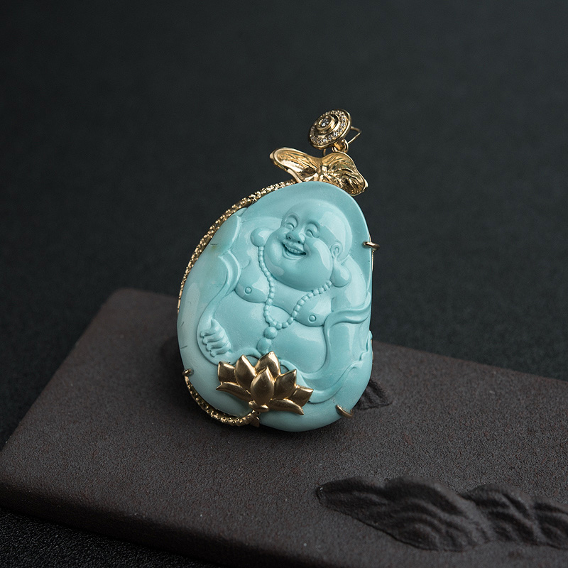 18K中高瓷浅蓝绿松石佛吊坠-红掌柜