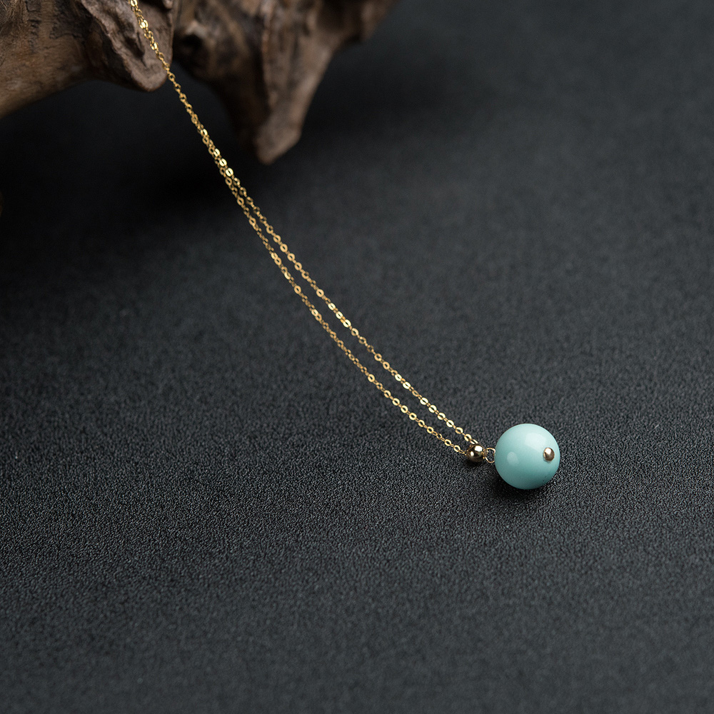 18K金镶中高瓷铁线浅蓝绿松石圆珠锁骨链-红掌柜