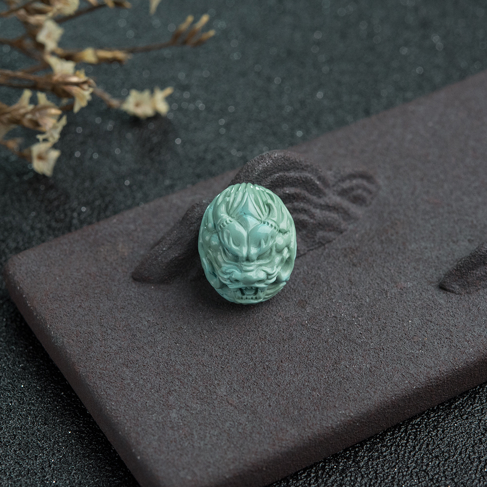 高瓷蓝绿绿松石龙头戒面-红掌柜
