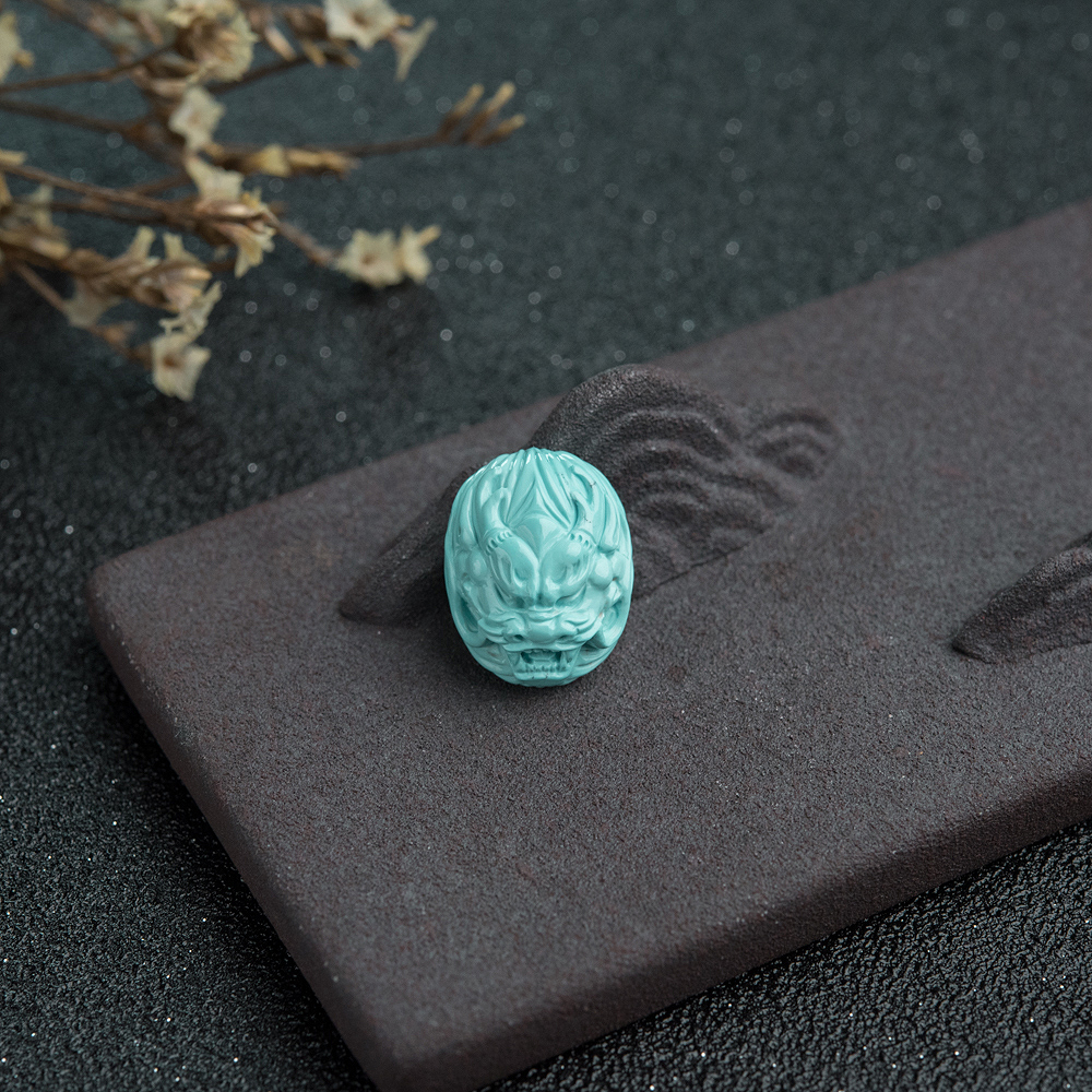 高瓷蓝绿松石龙头戒面-红掌柜