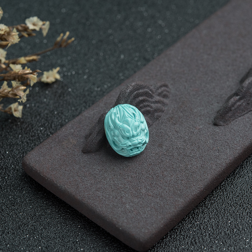 蓝绿松石龙头戒面-红掌柜