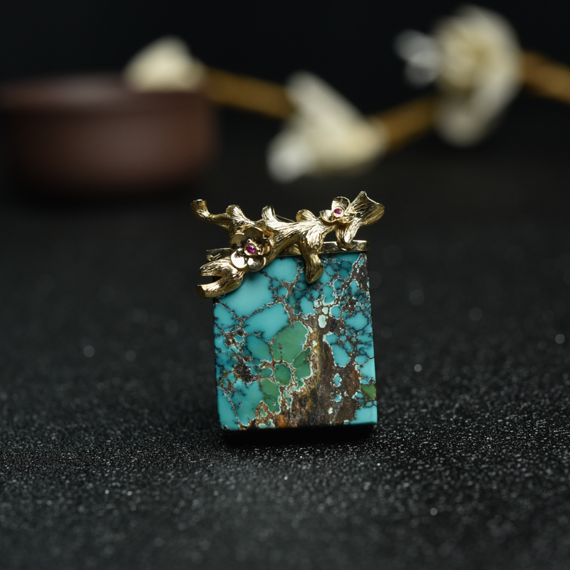 18K金镶钻瓷乌兰花蓝绿绿松石吊坠-红掌柜