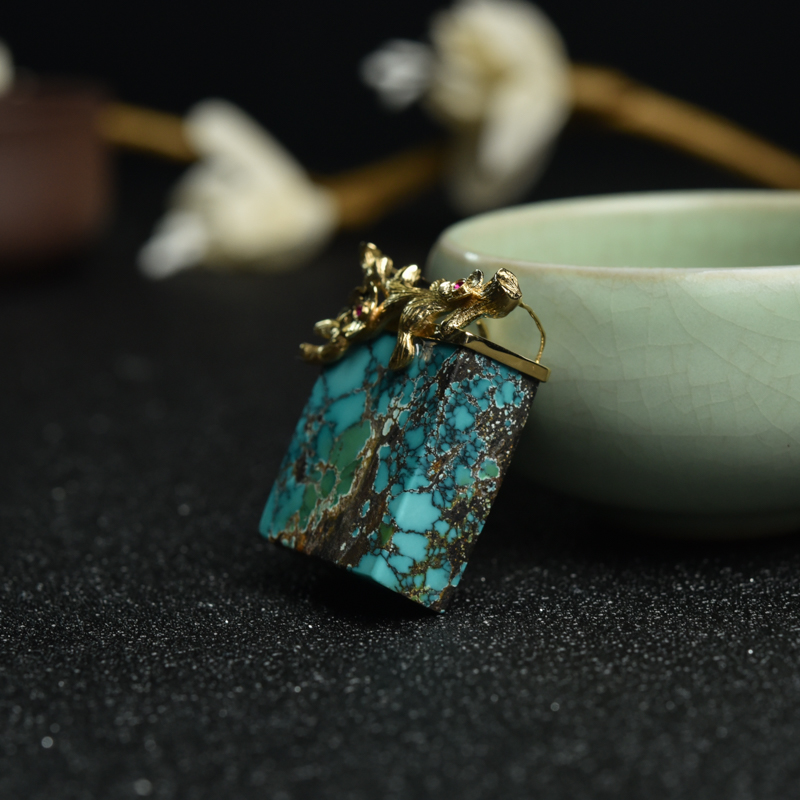 瓷乌兰花蓝绿绿松石吊坠-红掌柜