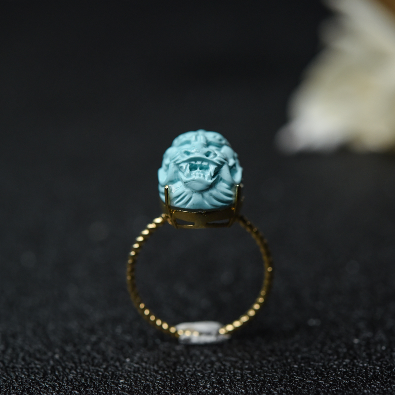 高瓷浅蓝绿松石龙头戒指-红掌柜
