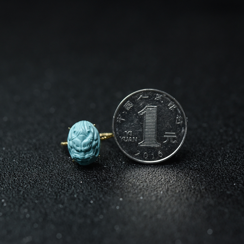 18K金镶高瓷浅蓝绿松石龙头戒指-红掌柜