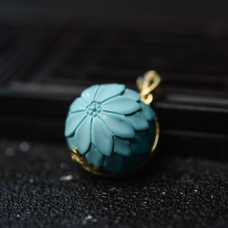 天然高瓷浅蓝绿松石花吊坠-红掌柜