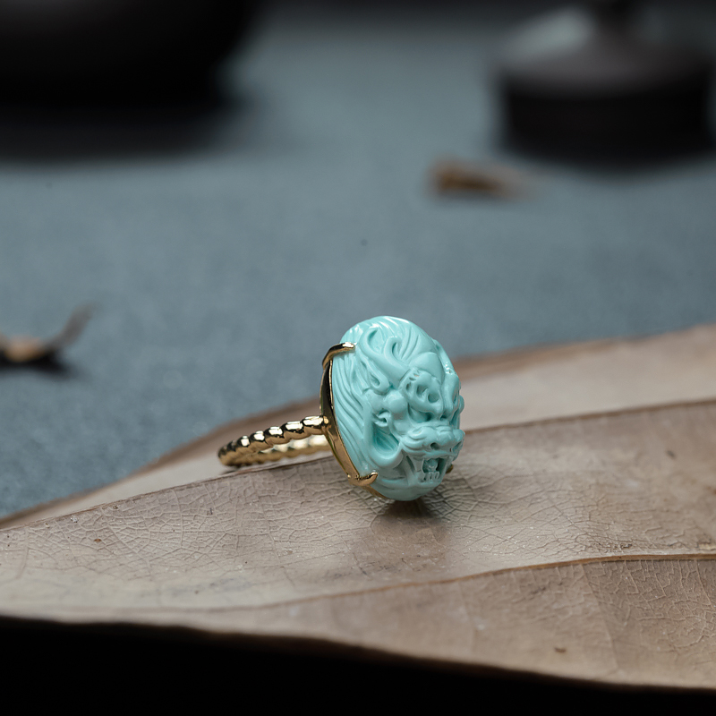 18K金镶天然蓝绿松石龙头戒指-红掌柜