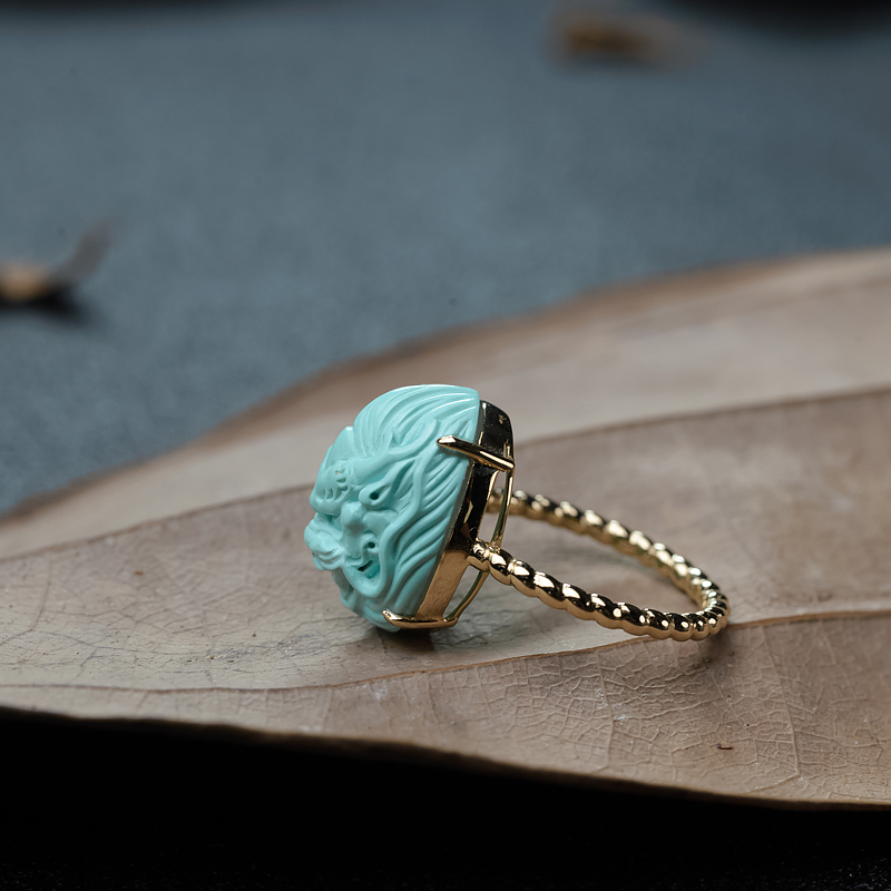 18K金镶天然中高瓷蓝绿松石戒指-红掌柜