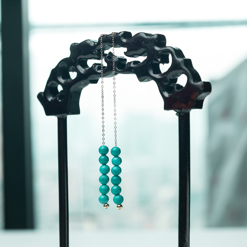 中瓷铁线蔚蓝绿松石耳线-红掌柜