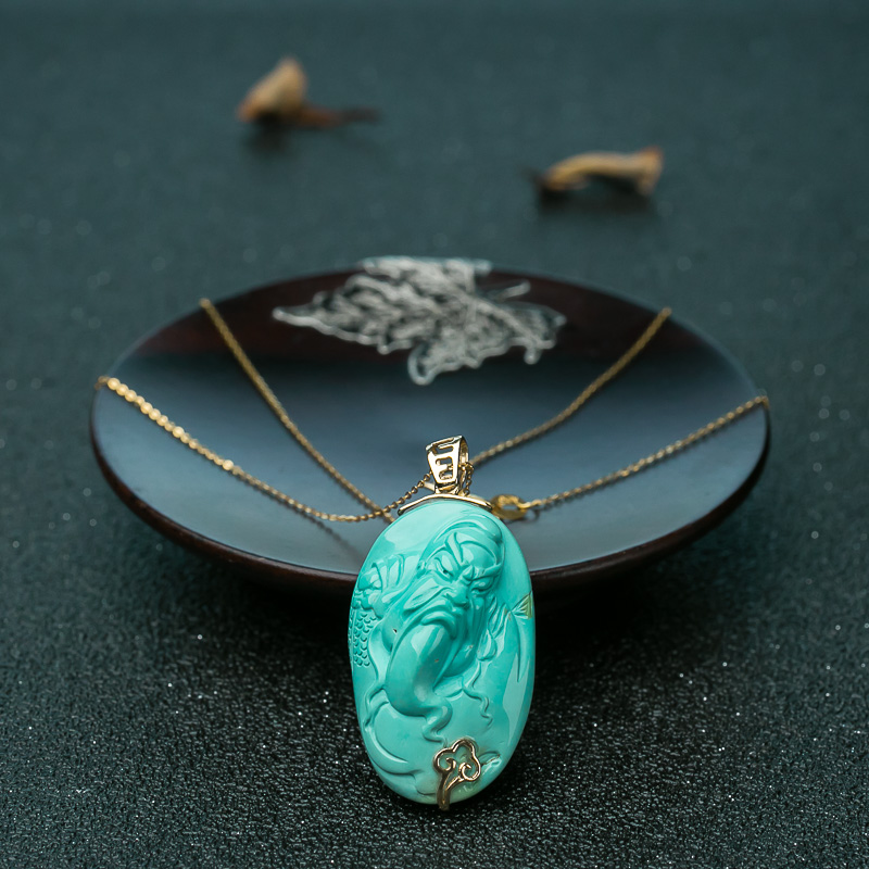 18K高瓷蓝绿绿松石关公项链-红掌柜